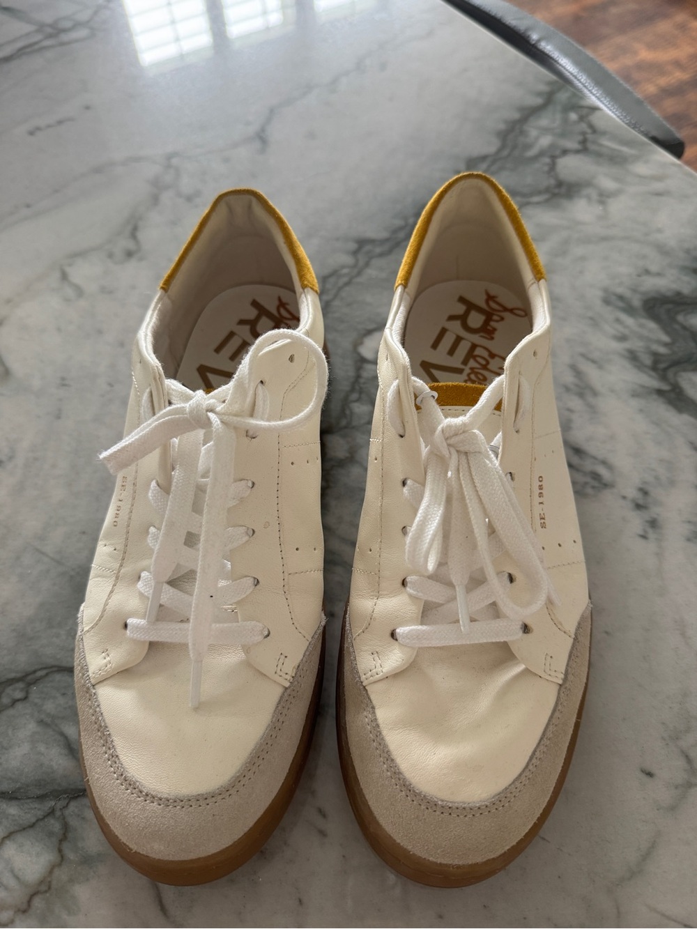 Sam Edelman White Leather Sneakers Mustard Suede Heel Size 8